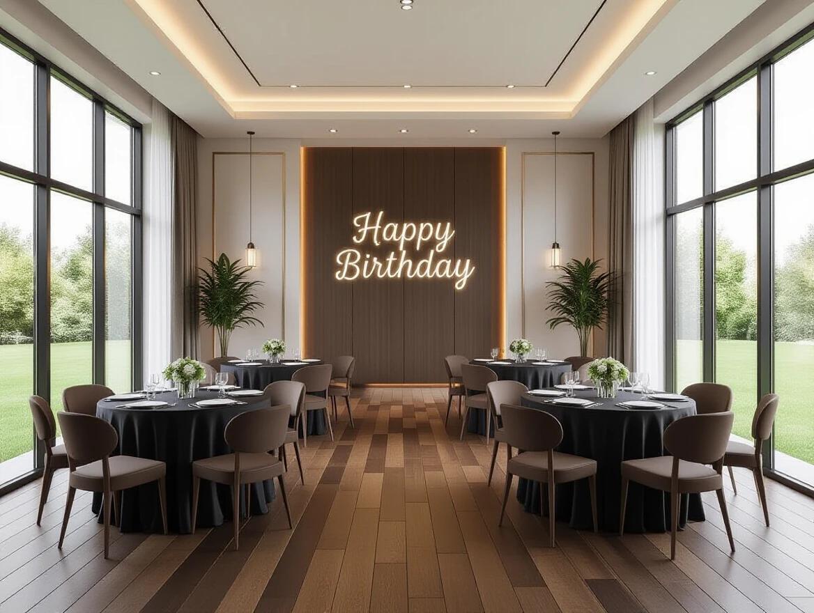 Spacious gathering hall designed for birthday celebrations. Features six round tables with elegant arrangements. Decorative 'Happy Birthday' sign on front wall. Large floor-to-ceiling window offers view of green lawn. Luxurious design with wooden flooring and soft lighting. Emphasizes open layout without clutter and noise.