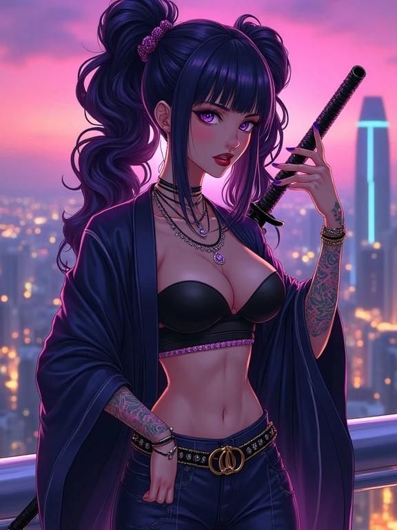 Anime woman standing on a hotel rooftop at night. She wears a futuristic Yakuza ninja outfit. Her hair is styled in oversized curly pigtails. Sky is colorful with city lights in the background. She holds a katana with a unique design. She has prominent tattoos. Jewelry features amethyst purple diamonds. Fashion style looks elegant and powerful. The scene conveys a blend of strength and beauty.