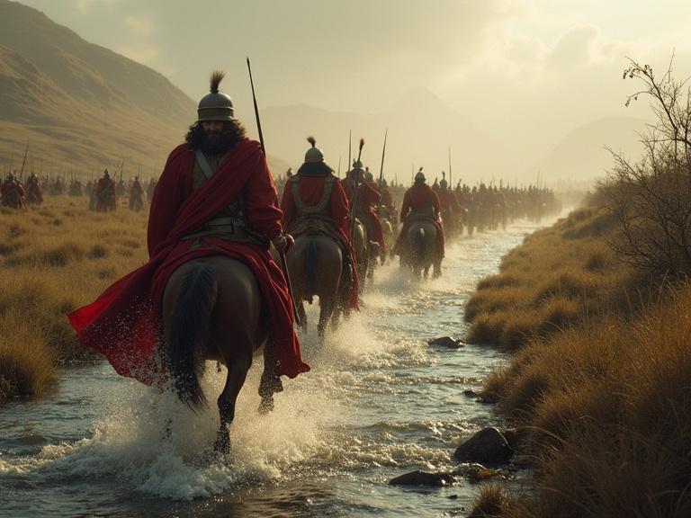 Image depicts Rugian soldiers on horseback led by Comes Gero. They move stealthily along the River Raxa towards a less defended section. Background shows main Ottonian army engaged at the ford. Scene emphasizes secrecy, speed, and the element of surprise. Darker lighting conveys covert nature of operation.