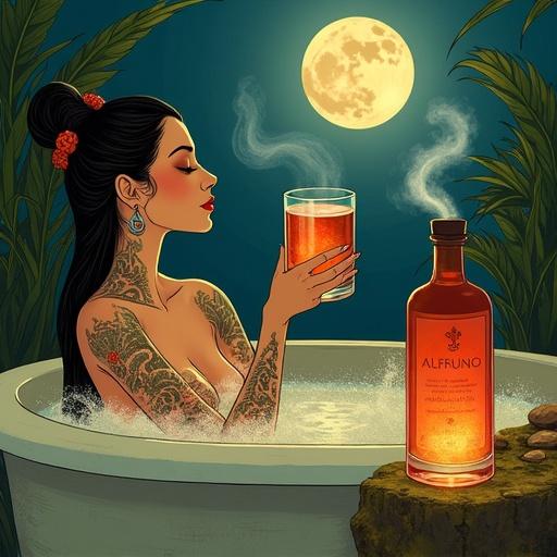 Serene spa scene at night. Tribal goddess with tattoos reclines in a steaming bath. Moonlight glows on her face. Glass of Alfruno elixir in hand. Apothecary bottle on a mossy stone. Earthy tones and whimsical style similar to Mucha and WLOP.