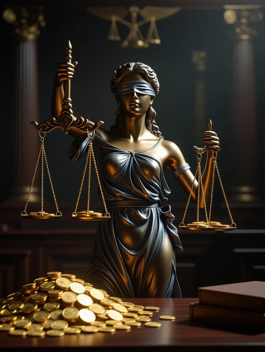 Cinematic ultra-realistic scene of the Greek goddess Themis in a dim courtroom. Themis holds traditional scales, one side heavy with gold coins, the other empty. She is blindfolded with a calm expression. Dramatic lighting highlights gold and creates shadows. Background blurred with columns and justice symbols.