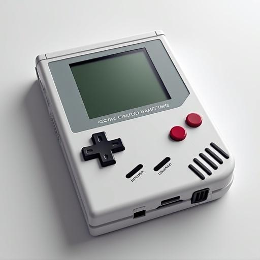 Blank handheld video game console with a simple design. Features a single screen and basic control buttons. The console is shown from an angle that displays its front and side view. Ideal for company branding.