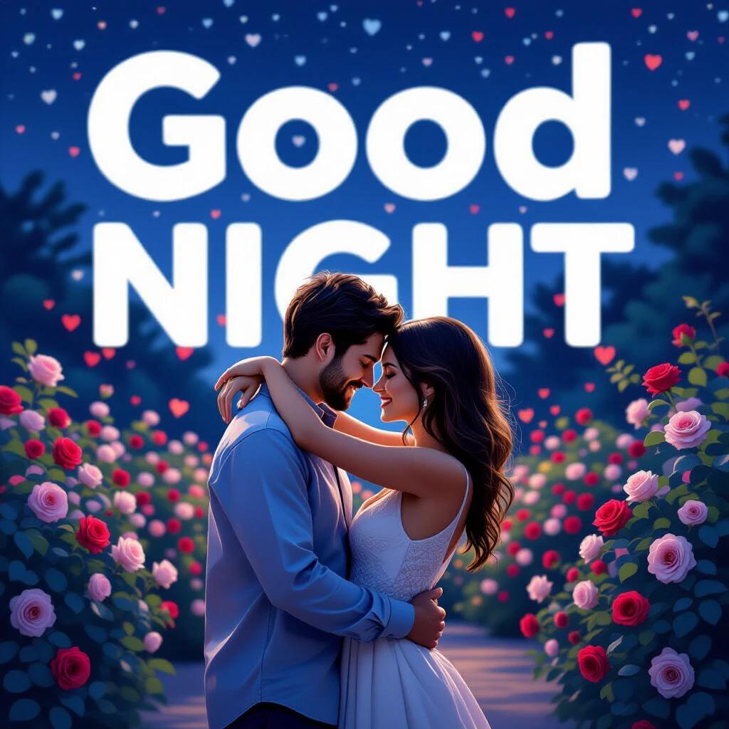 Image features a couple embracing in a garden at night. Many roses surround them. Background displays colorful hearts. Prominent text reads Good Night. Uses intense colors. Designed in high resolution.
