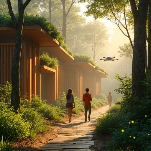 Futuristic forest village at dawn with advanced organic architecture. Made of living wood and smart glass. Bioluminescent plants along the pathways. Humans in natural fiber clothing with subtle wearable tech. Soft golden sunlight filtering through tall trees. AI drones resembling birds in the canopy. Holographic interfaces blending with nature. Peaceful and harmonious atmosphere.