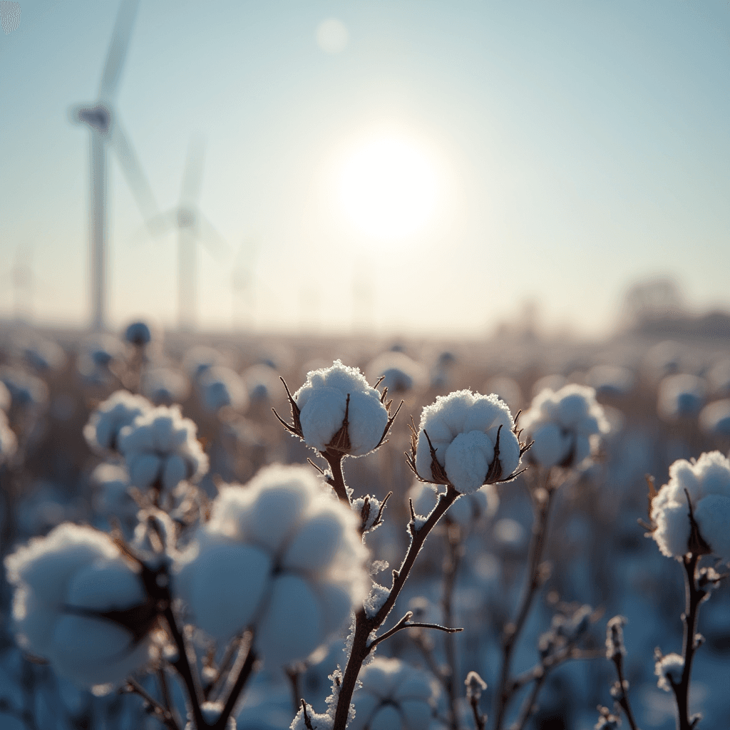 Cotton plants dusted with frost stand in a field with wind turbines under a bright sun.