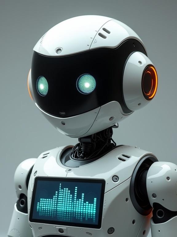 Realistic photo of a friendly helper robot character from the chest up. The robot has a head with glowing eye sensors. On its face is a detailed screen showing a digital audio equalizer reacting to sound. The casing has realistic metallic textures. Primary colors are metallic grey or white, with vibrant colors on the display. Sharp lighting creates reflections on the surfaces. Background is neutral or blurred.