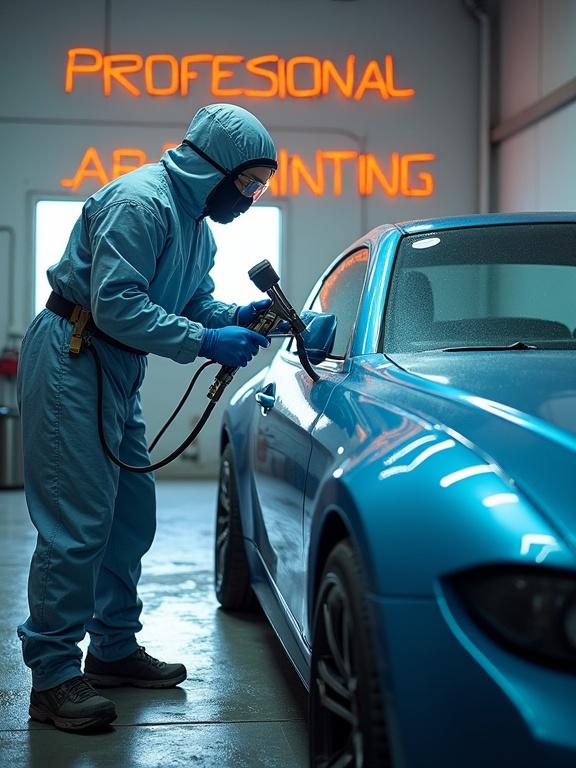 Focused automotive painter in protective gear. Painter applies paint with spray gun on blue car. Garage is bright and organized. Wall displays 'PROFESSIONAL CAR PAINTING'. Soft light enhances car's shine. Textures highlight skill and dedication.