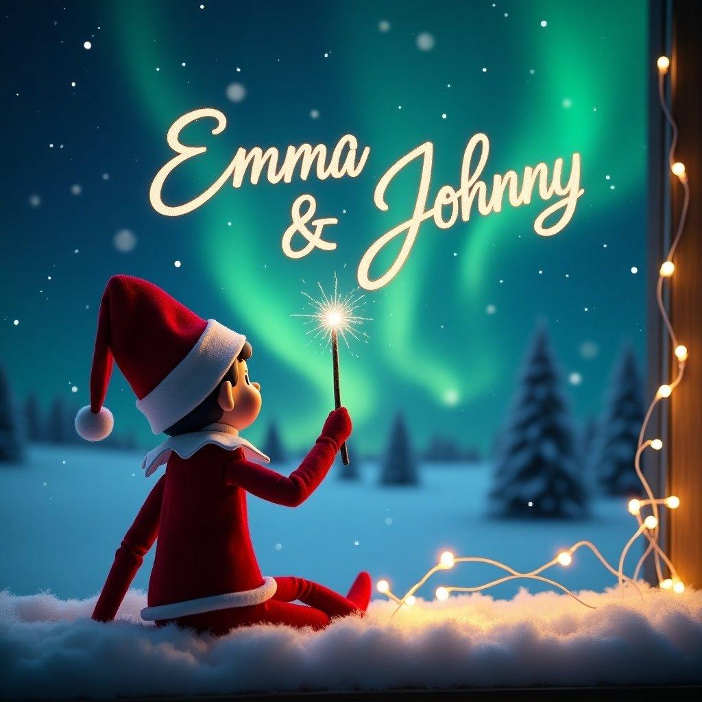 This image features an Elf on the Shelf looking up at a magical sky filled with the northern lights. The elf is wearing a classic red and white outfit, sitting in snow while holding a magic wand. As it gazes up, it elegantly writes the names 'Emma & Johnny' in the glowing sky. The backdrop showcases a winter wonderland with twinkling lights and detailed pine trees. The entire scene is imbued with a festive, enchanting atmosphere, perfect for capturing the spirit of Christmas.