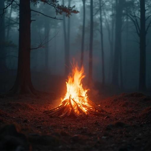 A campfire burns low in a misty clearing. Flames cast wavering shadows. Faces of campers are half-hidden in the haze.
