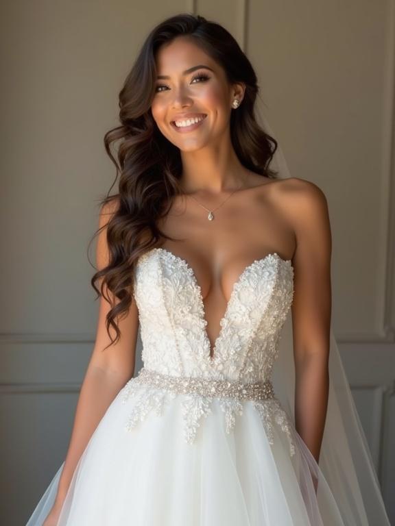 Elegant wedding dress worn by a bride showcasing intricate embroidery and a plunging neckline. Long hair styled in soft waves. A delicate pearl necklace enhances the look.