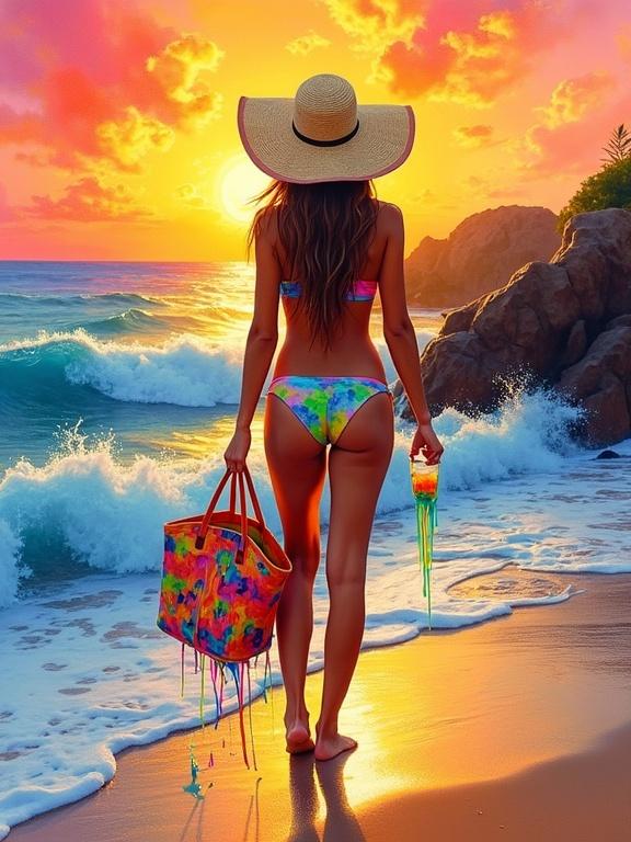 Woman seen from behind in a bikini and straw hat stands on the beach. Vibrant paint drips down her back and legs. Colorful beach bag in one hand. She holds a dripping drink in the other. Looking at the ocean at sunset with waves and rocks. Abstract watercolor and ink elements. Dynamic colors and textures. Golden hour lighting.