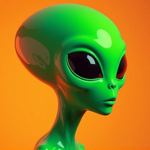 Portrait of a friendly alien in low poly style. Bright neon green skin and neon orange background. Plastic texture with reflective qualities. Detailed facial features and large black eyes.