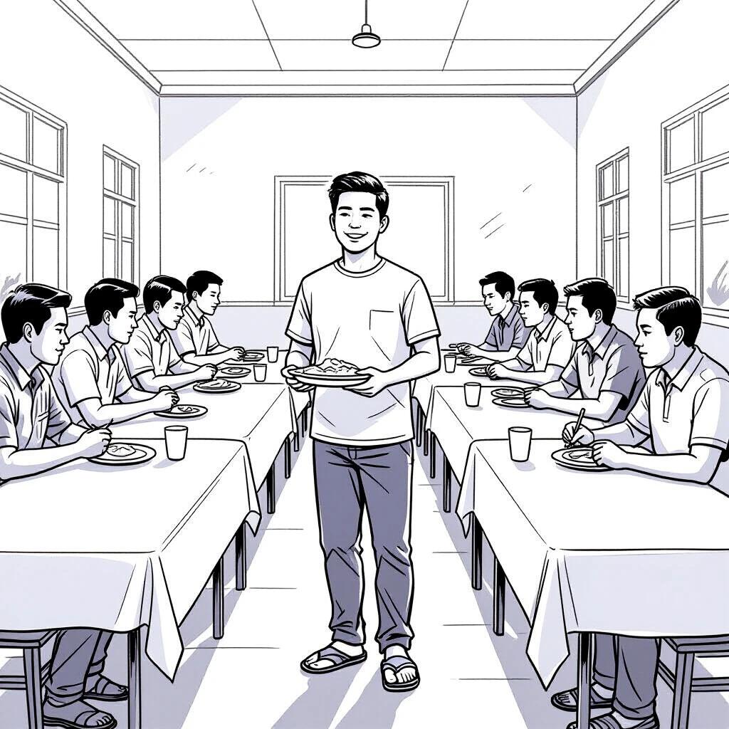 Line drawing of a young Filipino man serving food in a large room. The man wears casual clothes. He stands at the center, smiling gently, while men eat at tables on either side. Everyone faces inward. The room has a simple decor with light colors. Long rectangular tables are arranged for dining. Plates of food are visible on the tables.