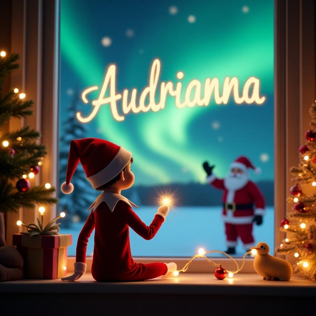 The scene features an elf on the shelf, dressed in a vibrant red outfit and Santa hat, capturing the essence of Christmas charm. She is facing a mesmerizing sky filled with colorful northern lights. With a whimsical touch, she is magically writing the name 'Audrianna' in sparkling light on the window. Outside, Santa Claus adds to the enchanting festive atmosphere. The interior is beautifully decorated with twinkling lights and a cozy Christmas tree, enhancing the feeling of wonder. The entire setting evokes a joyful holiday spirit, perfect for celebrating the festive season.