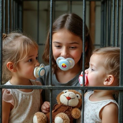 A playful family scene with a mother and her two children. The children have oversized pacifiers. They are in a cage pretending to be zoo animals. Stuffed toys are present as zoo visitors. The setting is lighthearted and fun.