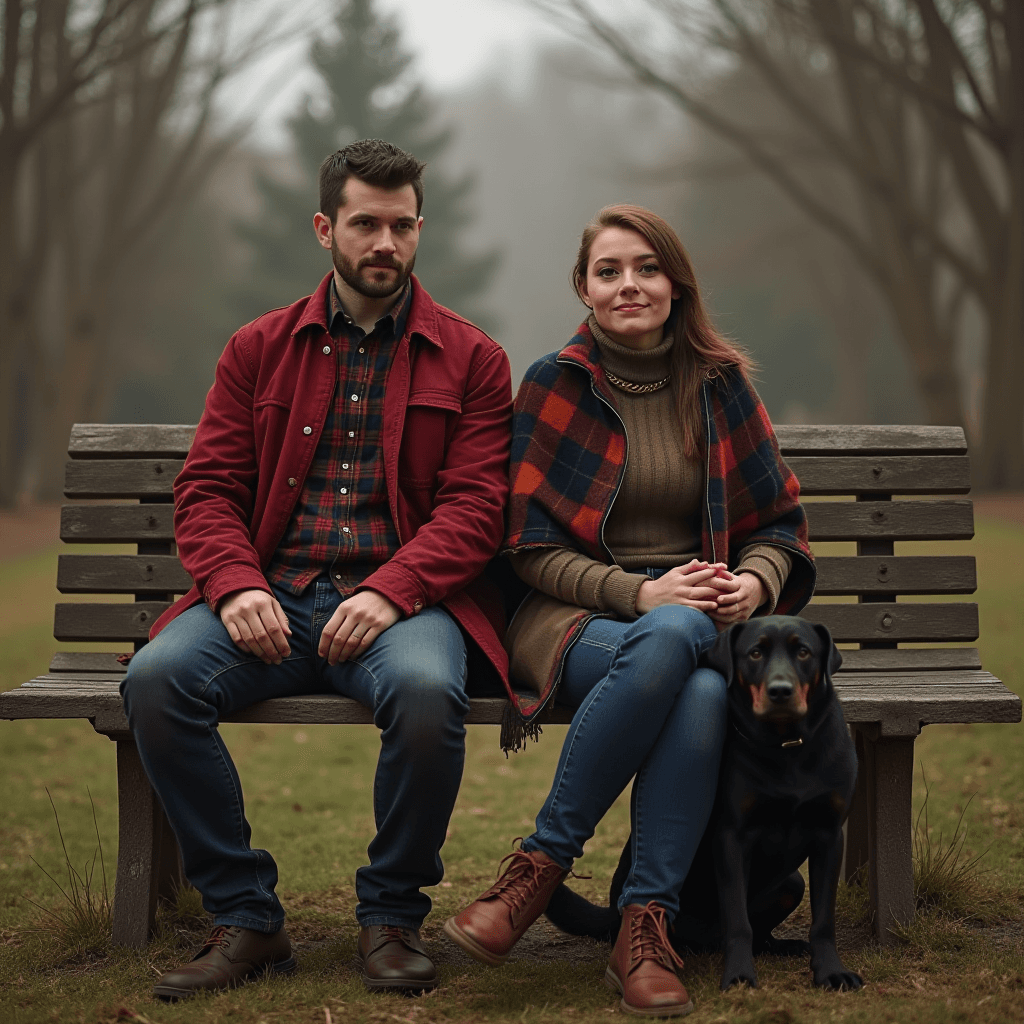 A couple and their dog sit on a park bench, surrounded by a misty autumn landscape.