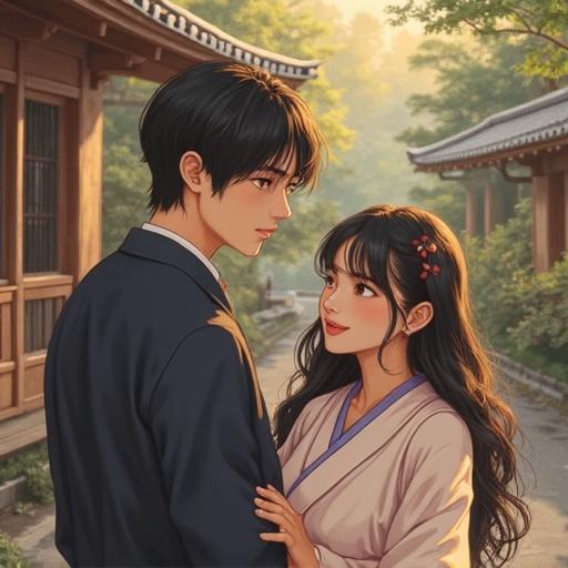 Romantic scene featuring a young couple in traditional Japanese attire. The male has dark hair and wears a suit, while the female has medium black hair and wears a kimono. The setting includes traditional architecture and nature.