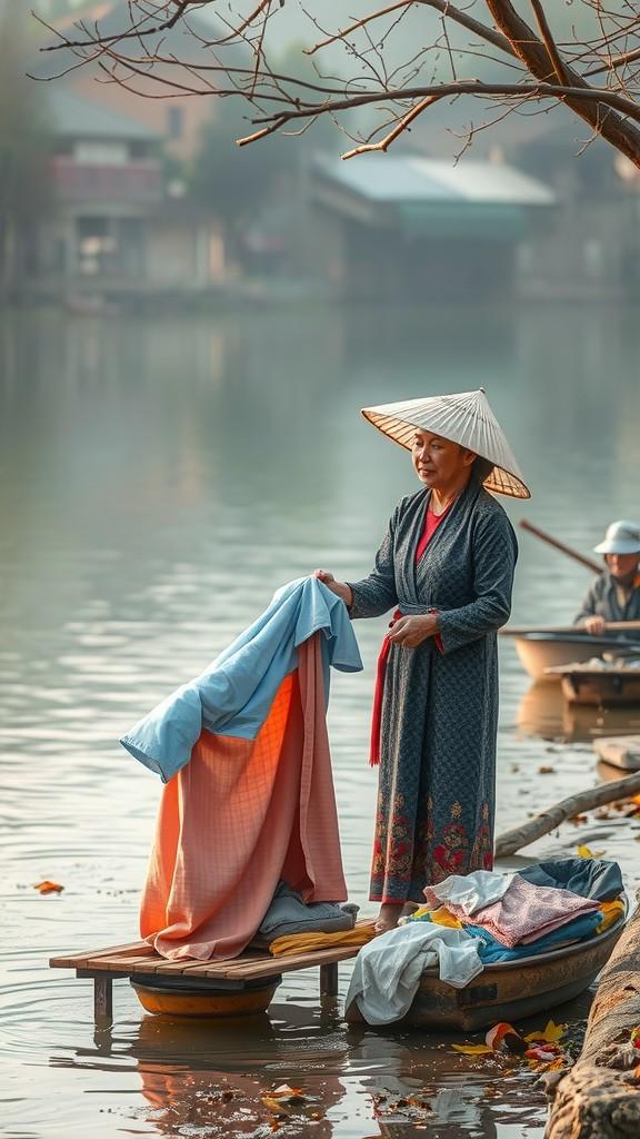 A person in a red dress and hat washes clothes by a calm river, surrounded by a serene landscape.