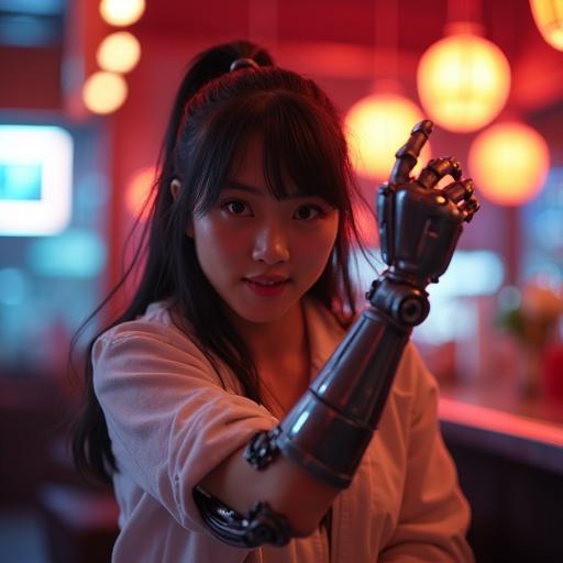 Amateur photography of a victorious Japanese teenage girl with a robotic arm. Scene is set in a sci-fi bar. She celebrates after winning in martial arts.