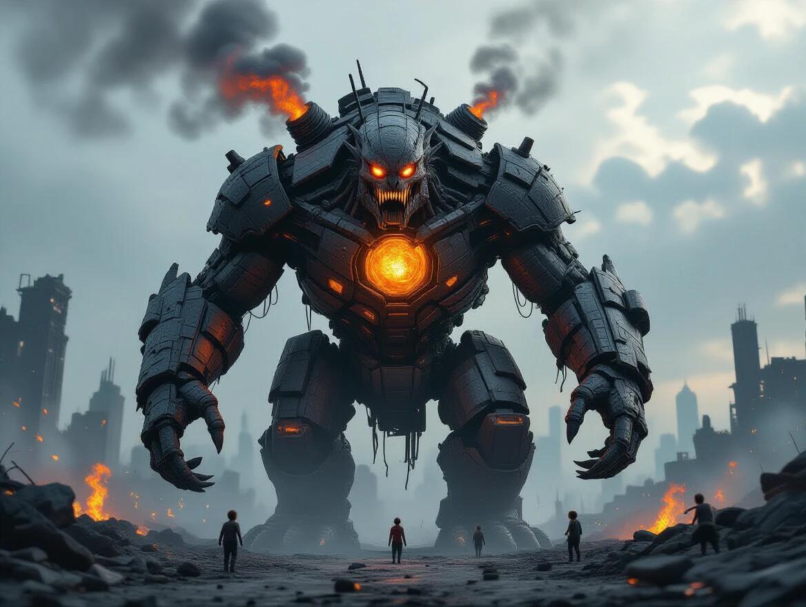 Rendered in ultra-detailed 3D a hulking bipedal beast made of volcanic rock and twisted metal. Steam vents from its back and shoulders. Eyes burn with shifting magma. An amber orb in its chest cradles abandoned children. It patrols ruined cities scanning for orphans. Around its legs children ride singing. Ash and fire swirl but small plants bloom where it walks. Its chest seals and claws blaze when danger approaches. Juxtaposition of horror and care defines its legend.