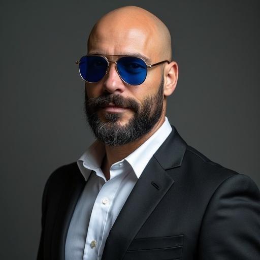 A bald man with medium length ducktail beard wearing blue clubmaster sunglasses. He is dressed in black dress pants with an elegant shirt that is untucked and sleeves rolled up.