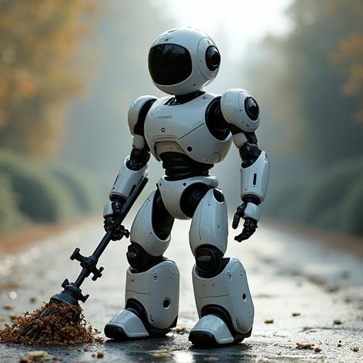 A futuristic robot designed to pick up trash. The robot has a sleek silver and black design. It is equipped with a tool for preventing pollution. The background features a tranquil outdoor setting with fallen leaves. Soft lighting enhances the mood of care for the environment.