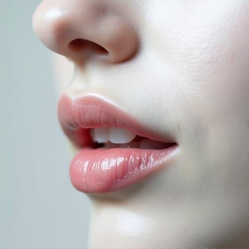 Close-up of a mouth emphasizing the lips. Soft pink tones and smooth skin are prominent. The image captures a natural and healthy appearance.