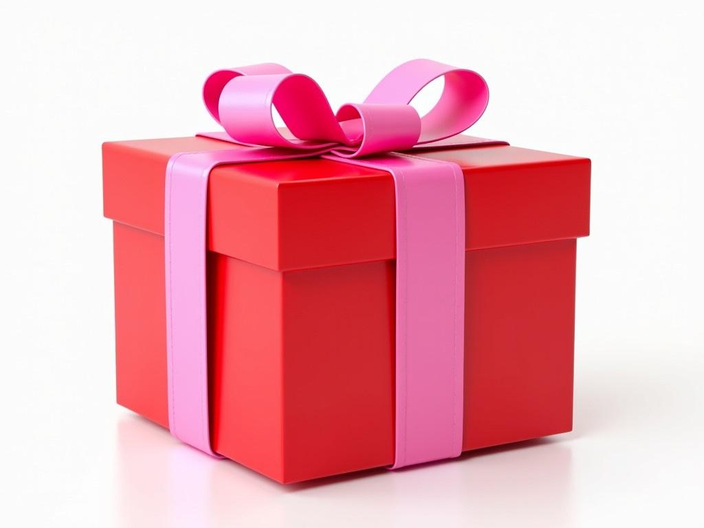 A beautifully wrapped gift box is presented, adorned with a pink ribbon that ties in a neat bow on top. The box is a vibrant red, with a smooth texture, reflecting light in a sharp and high resolution style. The pink ribbon adds a soft contrast to the bold red, enhancing the overall visual appeal. The edges of the box are crisp and well-defined, suggesting a high-quality wrapping job. The background is simple and white, allowing the colors of the gift to stand out prominently. It appears ready for a special occasion or celebration.