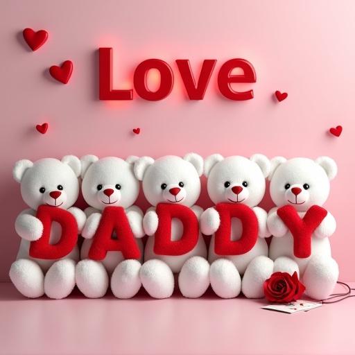 A pristine pink wall with five white teddy bears holding the letters spelling DADDY. The bears have mustaches. A red rose and a white envelope with small red hearts are nearby. Red hearts float in the background. The word Love is in glowing letters above the bears.