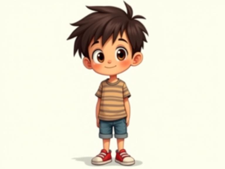 A 7-year-old boy design with playful features. Character has tousled brown hair and big hazel eyes. Wearing a striped shirt and denim shorts. Represents imagination and youthfulness. Suitable for animated content.