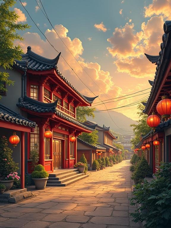 A charming street with traditional red buildings. Lanterns adorn the architecture. Golden hour light casts warmth across the cobblestone path. Lush greenery complements the scene. Atmospheric clouds put a serene touch to the sky.
