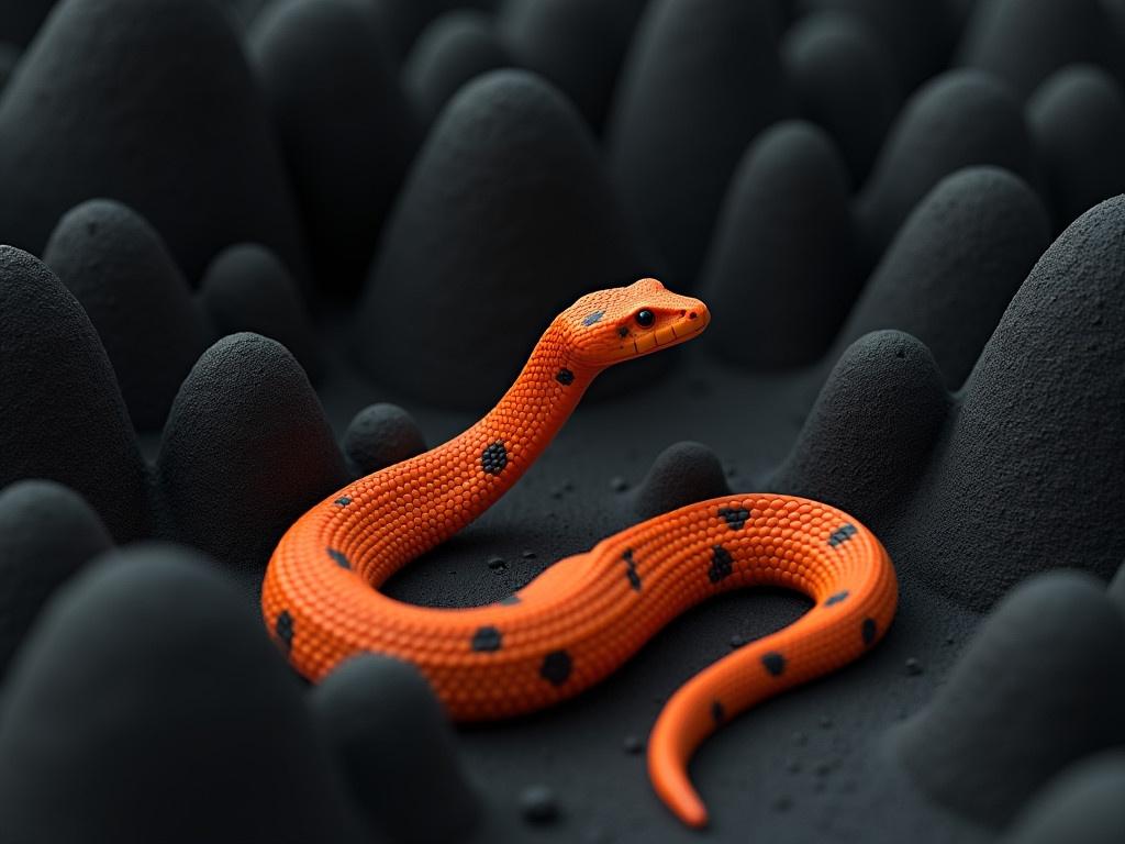 The image shows a vibrant orange snake slithering through a surreal landscape made of black textured formations. The background consists of small, cylindrical shapes that vary in height, creating a wavy, undulating terrain. The snake's scales are detailed, with black spots contrasting against its bright orange color, making it stand out in the monochromatic environment. The scene appears to be digitally created, giving a three-dimensional look to both the snake and the background. The overall atmosphere is both intriguing and slightly otherworldly, inviting curiosity about the setting.