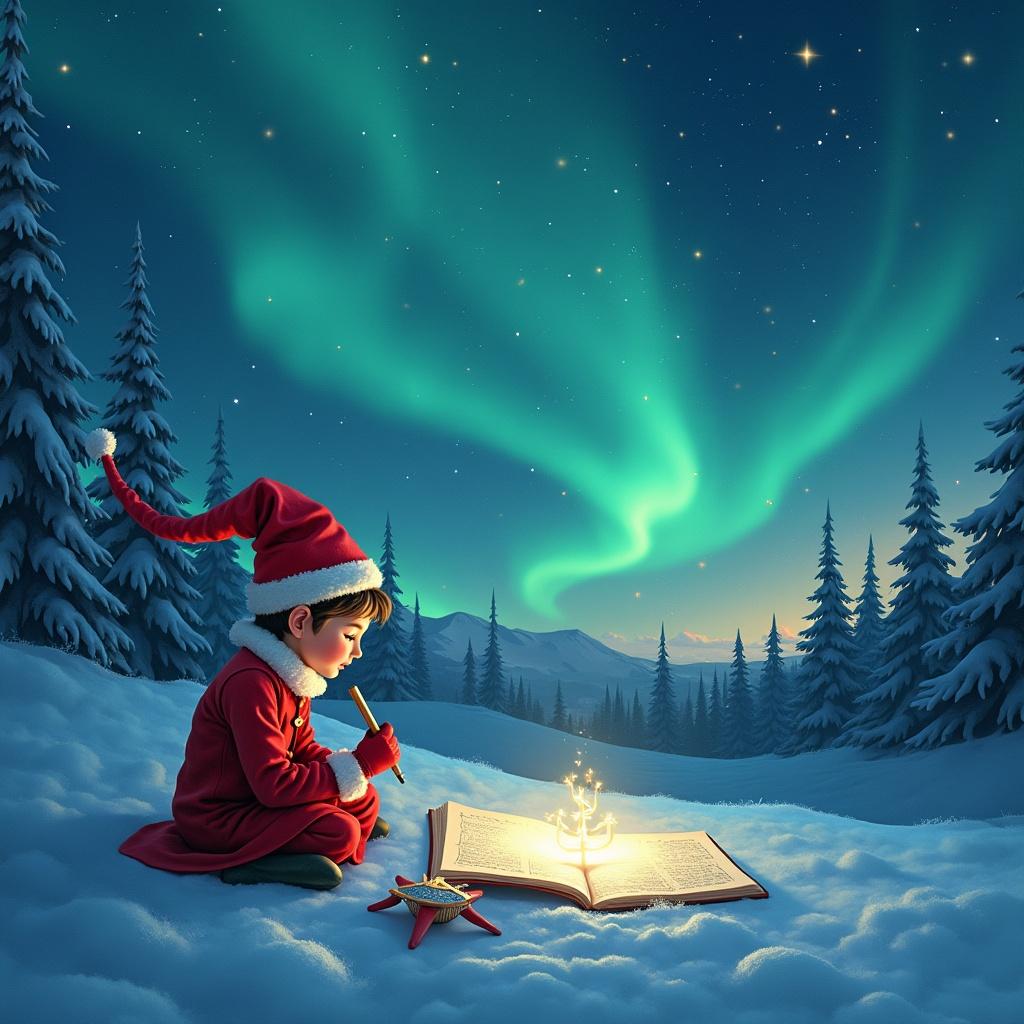 Child in Santa outfit sitting in snow. Northern lights above. Writing in an open book. Tranquil winter scene.