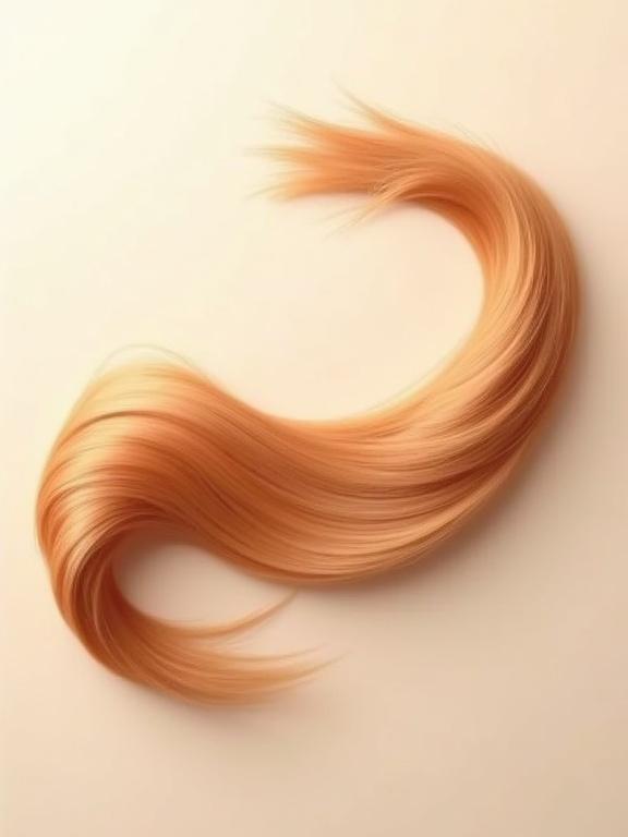 A glossy strand of ginger hair flows elegantly. The hair is voluminous and silky with light brown tones and natural highlights. Movement is fluid and resembles a floating ribbon. The minimal background enhances the texture of the hair. High realism with a clean aesthetic.