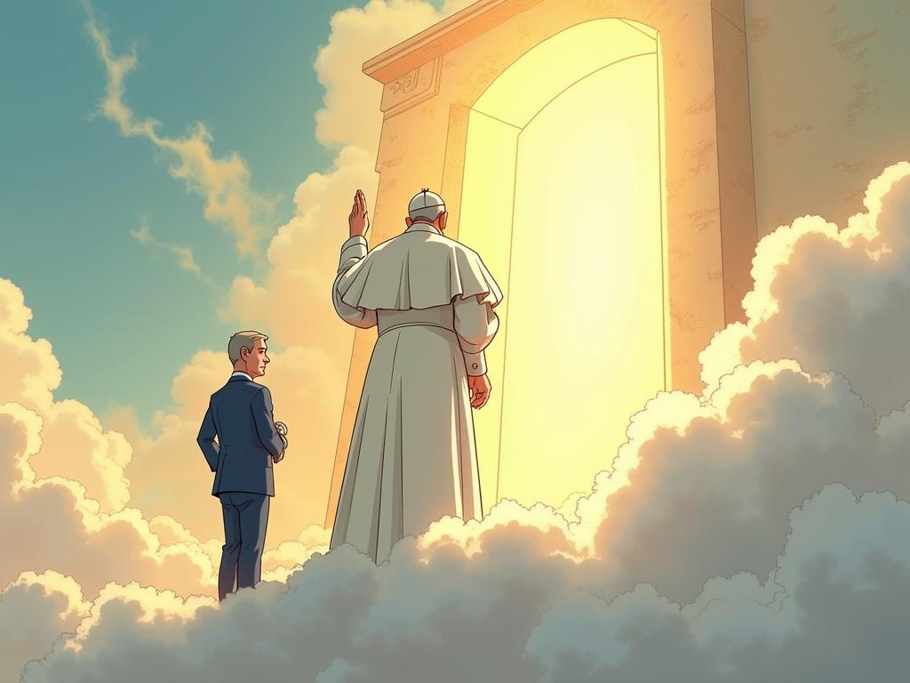 Cartoon Ghibli-style art Pope Francis stands on radiant cloud at the gates of heaven. Bright golden light breaks through clouds. Grand ancient gate shimmers behind him. Pope wears white robes with skullcap. He raises right hand in compassionate refusal. Politician in blue suit looks surprised at the edge of cloud. Scene is symbolic depicting justice and divine authority with painterly style.