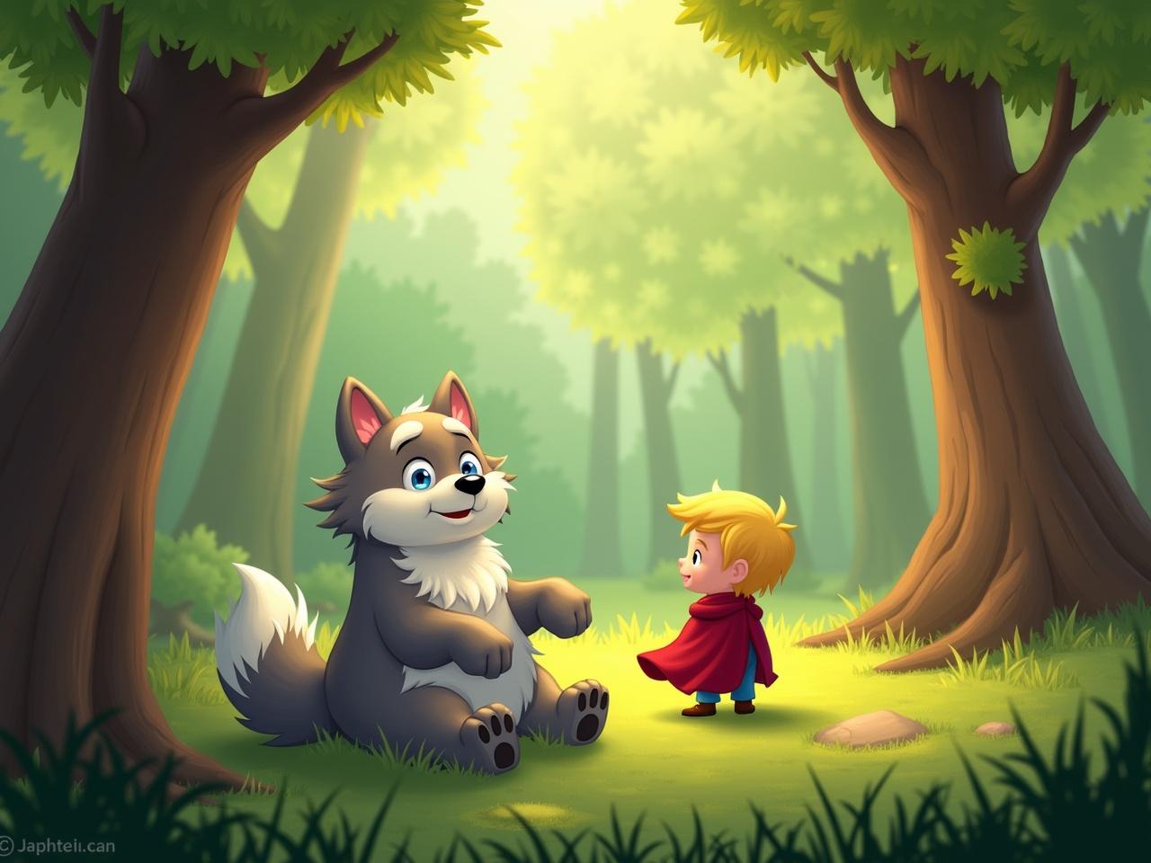 In a whimsical forest setting, a grey wolf is now laying on its back with a playful expression. The wolf's paws are relaxed in the air, showcasing its fluffy underbelly. Surrounding the wolf are vibrant trees and green grass that add to the serene atmosphere. Sunlight filters through the leaves, creating a warm, inviting scene. Nearby, a small figure with a red cloak is standing by, looking at the wolf with a curious expression. The overall mood is light-hearted and cheerful, capturing a moment of friendship between the character and the wolf.