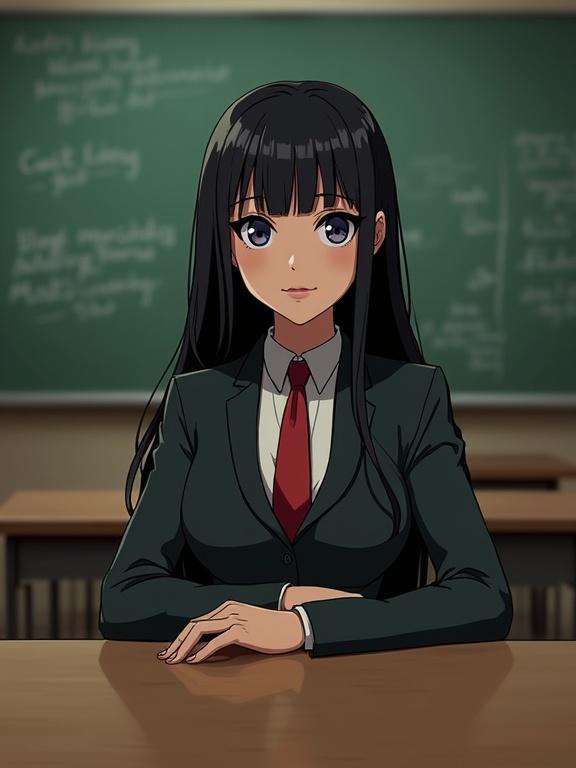 Woman in a teacher outfit sitting at a school desk. She has a strict expression. Background features dim lights and a school setting.
