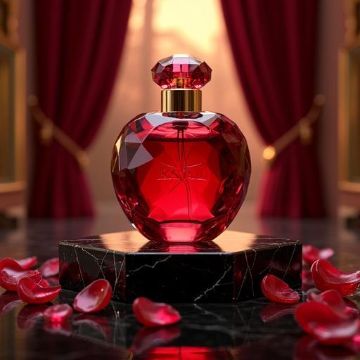 Luxurious 3D render of a redesigned perfume bottle. Inspired by KAYALI Eden Juicy Apple 01. The bottle shaped like a faceted apple. Rich gradient of deep cherry red to dark ruby glass. Ultra-glossy and semi-transparent. Cap resembles a sculpted apple stalk. KAYALI logo elegantly engraved. Placed on a dark marble pedestal. Softly lit luxury room in the background. Surrounded by ruby gemstones and crimson petals. Light sparkles gently reflecting off the glass. Ultra-detailed photorealistic 3D composition in vertical 4K.
