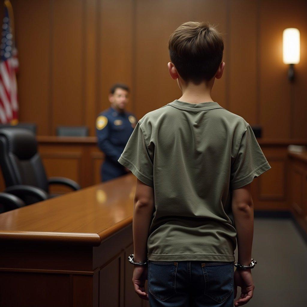 14 year old Caucasian boy stands handcuffed in a courtroom. Boy is viewed from behind. Courtroom features wooden furnishings and an American flag in the background.