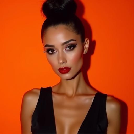 A woman wears a black vest. She reveals her collarbone and shoulders. Dark eye makeup contrasts with red lips. Hair styled in a high bun. An orange background creates a striking effect. Hard light casts a shadow on her face. She gazes directly at the camera.
