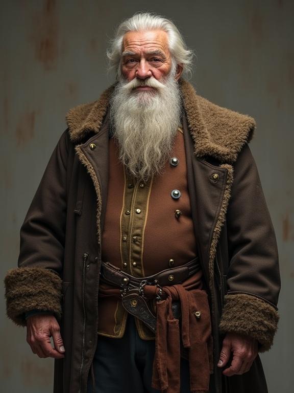 Portly elderly man with dense chest hair. Character full body portrait in traditional attire. Long gray beard with a sturdy coat. Warm and inviting presence.