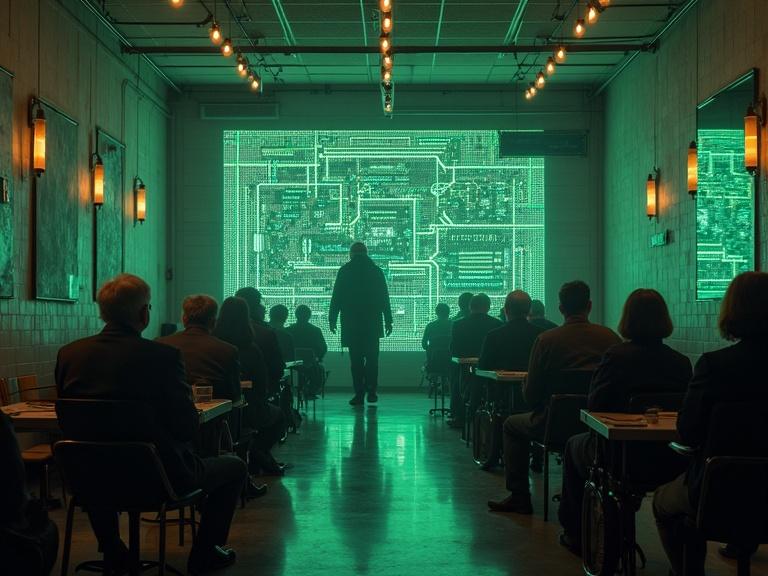 Setting in an old folks home where everyone is connected to technology. Audience seated in a room watching a large green digital display. A person stands in front of the display, silhouetted against the bright screen.