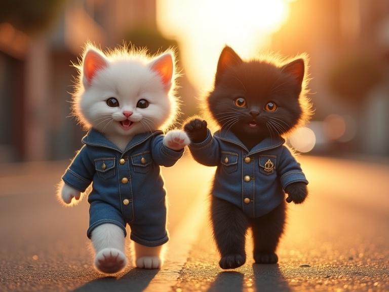 Two realistic fluffy kittens walking down an urban street. One kitten is white and the other is black. Both are wearing tailored denim suits and smiling naturally. One points ahead with its paw. The setting is a golden hour with warm backlighting. The image is hyper-realistic with detailed fur and shallow depth of field.