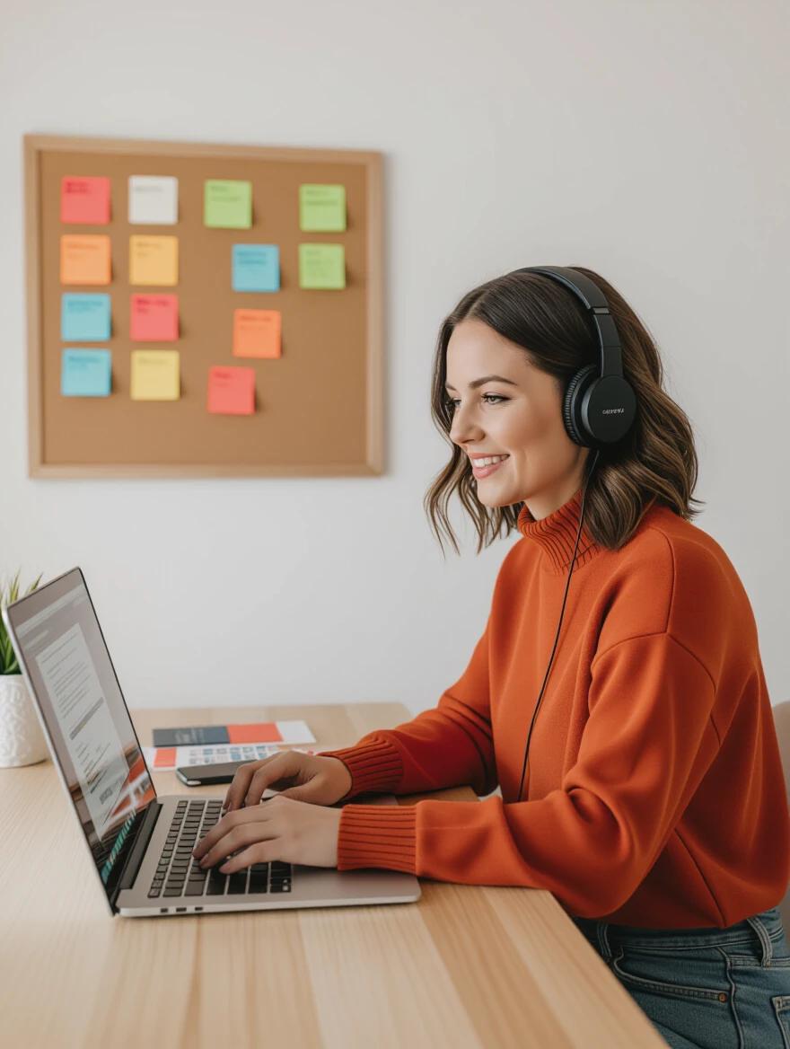 Woman working on a laptop in a bright, modern workspace. Engaged expression with headphones on. Corkboard in the background with colorful sticky notes outlining business goals.