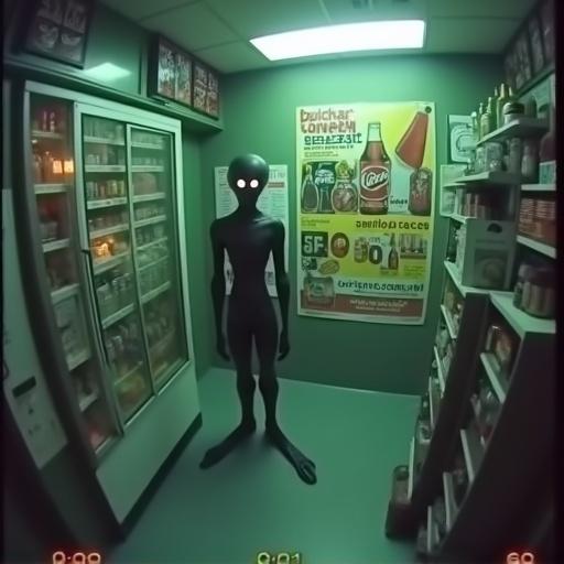 Realistic security camera footage shows a tridactile alien in a convenience store. Scene is dimly lit with CCTV grain effect. Alien has glowing eyes and elongated head. Colorful vintage soda advertisement visible behind. Timestamp and slight fisheye distortion present.
