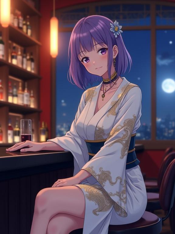 A young Japanese woman with violet bob hair sits at a bar. She wears an elegant white kimono with gold patterns. A choker necklace and earrings enhance her look. The cozy bar has a black counter with shelves of liquor bottles. The background shows a moonlit night sky through a large window. Warm lighting casts a soft glow. Scene captured in cinematic anime style.