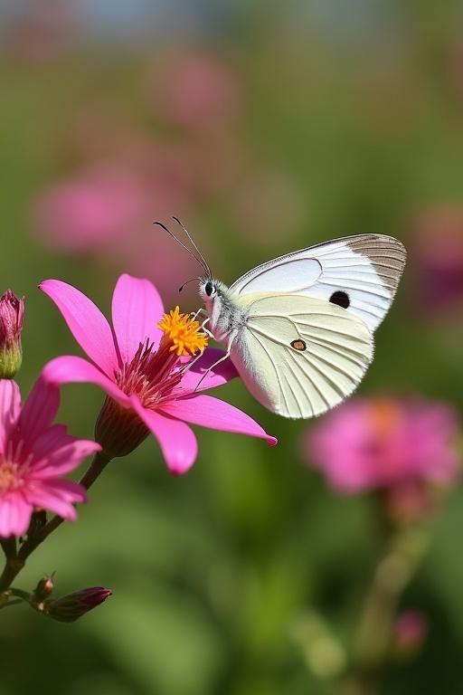 A butterfly with white wings and pink accents on a pink flower. Sunlight illuminates a garden scene with blurred background flowers. Detailed features of the butterfly and flower