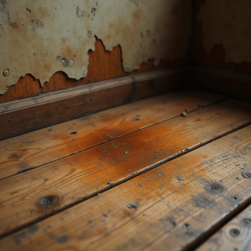 A close-up of a corner with weathered wooden floorboards and a wall with peeling paint.