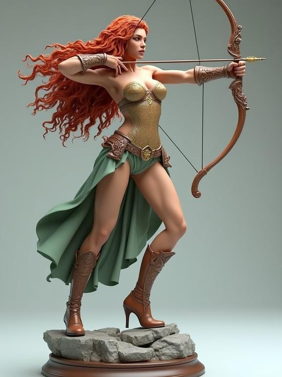 3D-rendered resin figure of a powerful fantasy female warrior. She aims with a drawn bow, standing on a sculpted rock base. Long curly red hair flows to the side. Her outfit includes a detailed corset and asymmetrical green skirt. High fantasy boots and ornate belt complete her look. The figure has an athletic anatomy. Soft neutral lighting enhances the ultra-realistic quality.