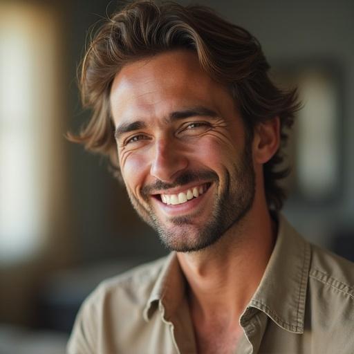 A cute man with a friendly smile. He has medium-length hair and a relaxed outfit. Background is soft and out of focus.